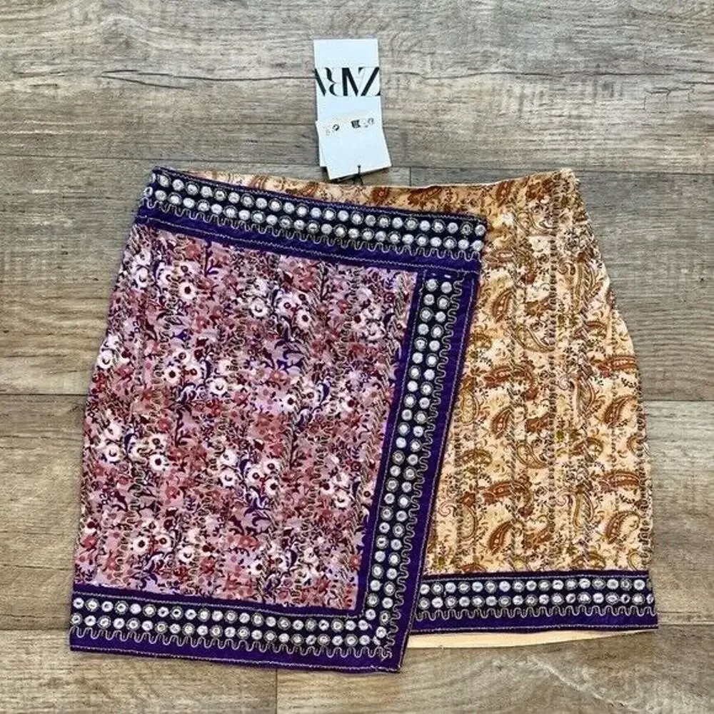 Zara NWT Multicolor Beaded Embroidered Boho Asymmetric Mini Skirt S